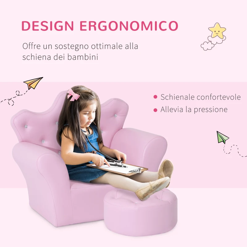 HOMCOM Set Poltrona per Bambini con Poggiapiedi e Bottoni Brillanti, Struttura in Legno con Imbottitura, Rivestimento plastica Rosa
