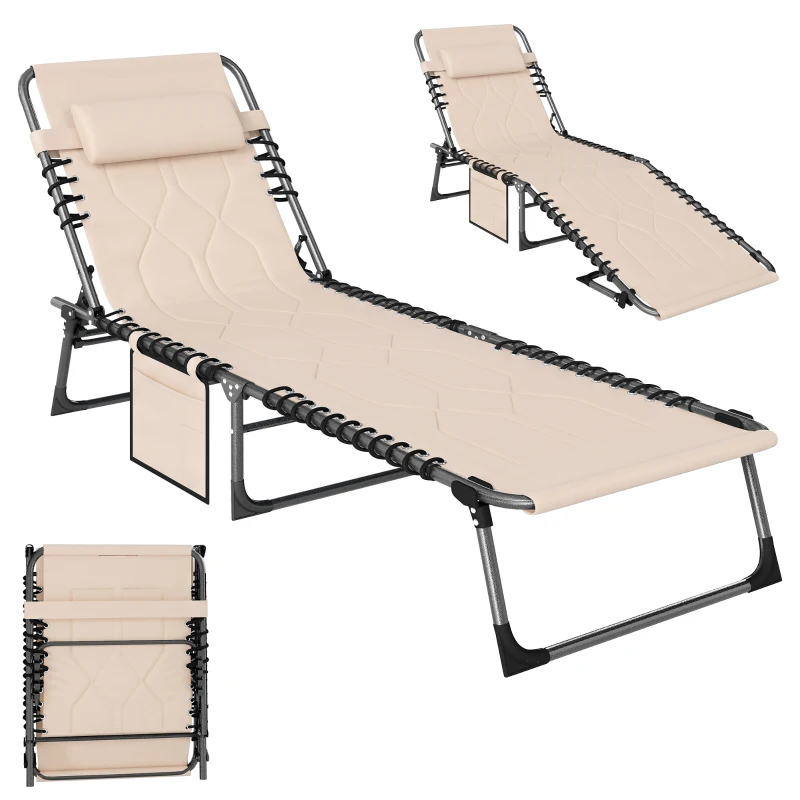Outsunny Sonnenliege, Faltbare Gartenliege, Klappliege mit Kissen, 5-stufige Rückenlehne, Oxfordstoff, 188 x 57 x 30 cm, Beige