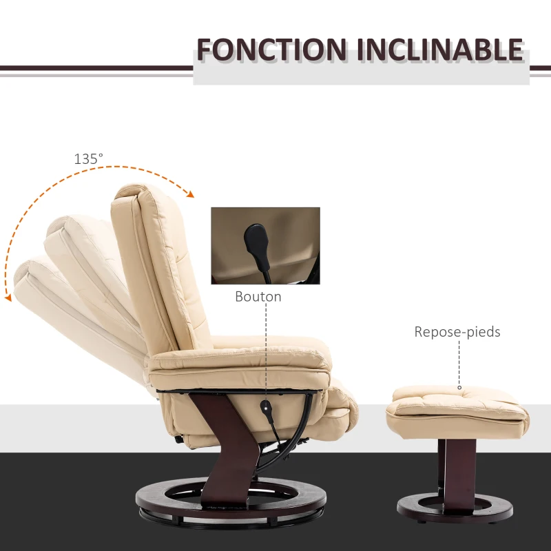 HOMCOM Fauteuil relax inclinable 135° grand confort pivotant 360° avec repose-pieds revêtement PU beige