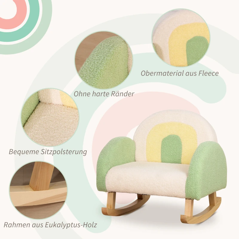 HOMCOM Schommelstoel voor Peuters in Schattig Ontwerp, Schapenwol-Imitatie, Eucalyptushout Groen + Geel Beige