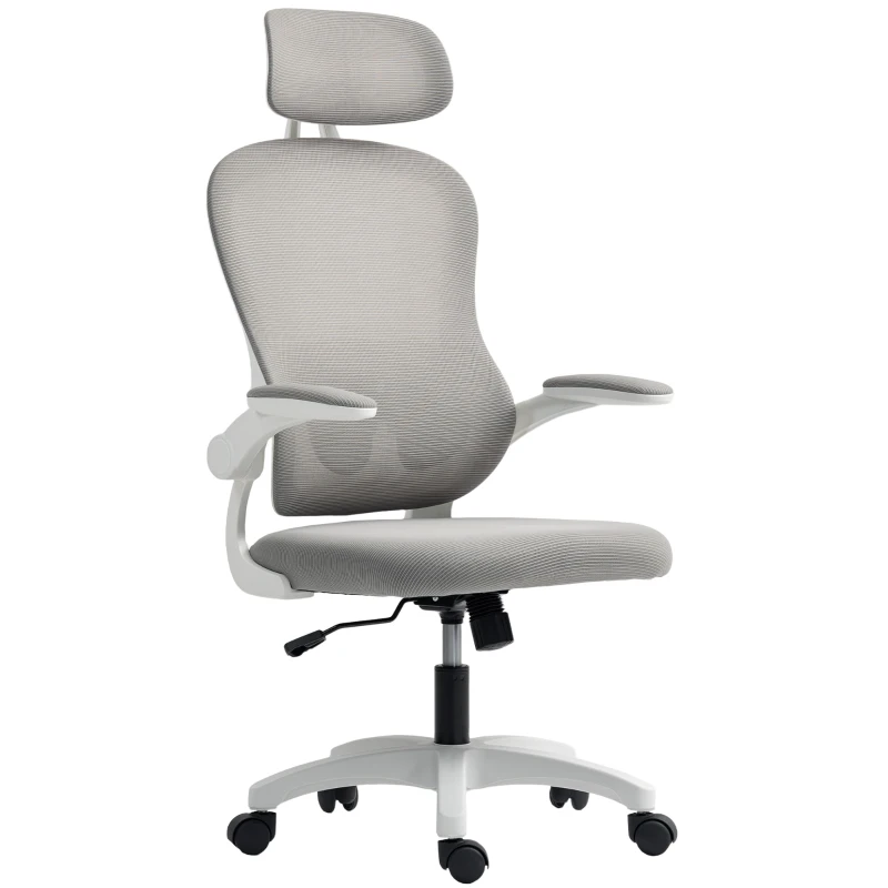 HOMCOM Chaise Bureau Ergonomique, Fauteuil de Bureau en Maille avec Accoudoirs Rabattables, Hauteur Réglable, 64x62x115cm, Gris