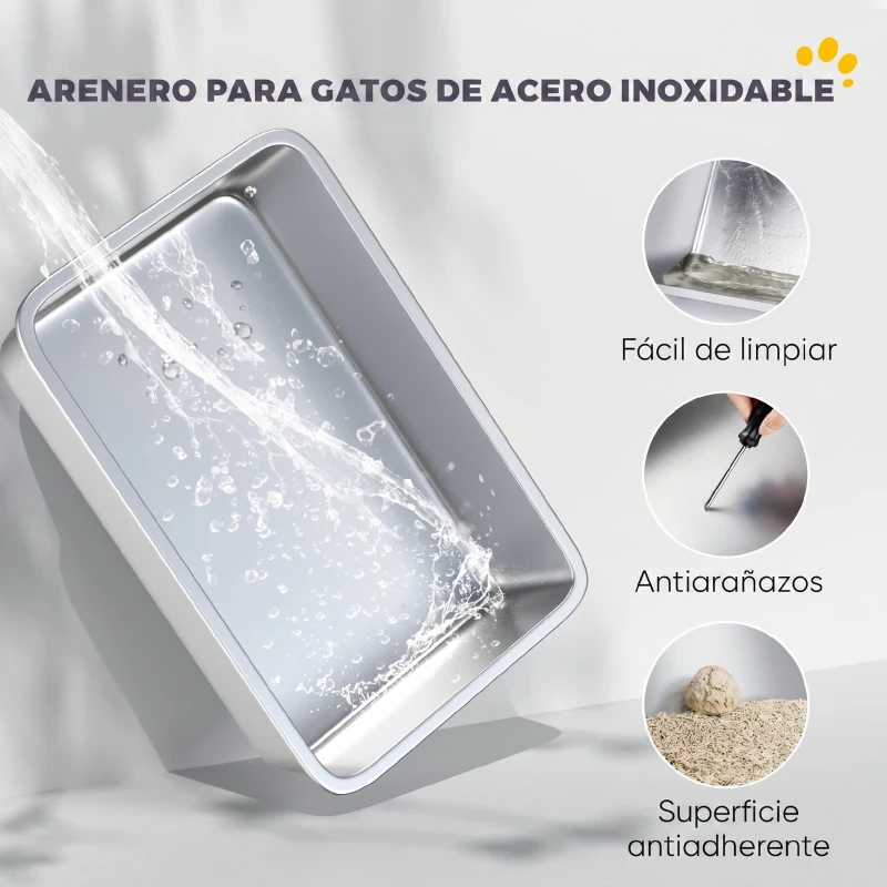 PawHut Arenero para Gatos de Acero Inoxidable XL Cerrado con Tapa Abatible Borde Alto Pala Metálica Antifugas Gris Claro