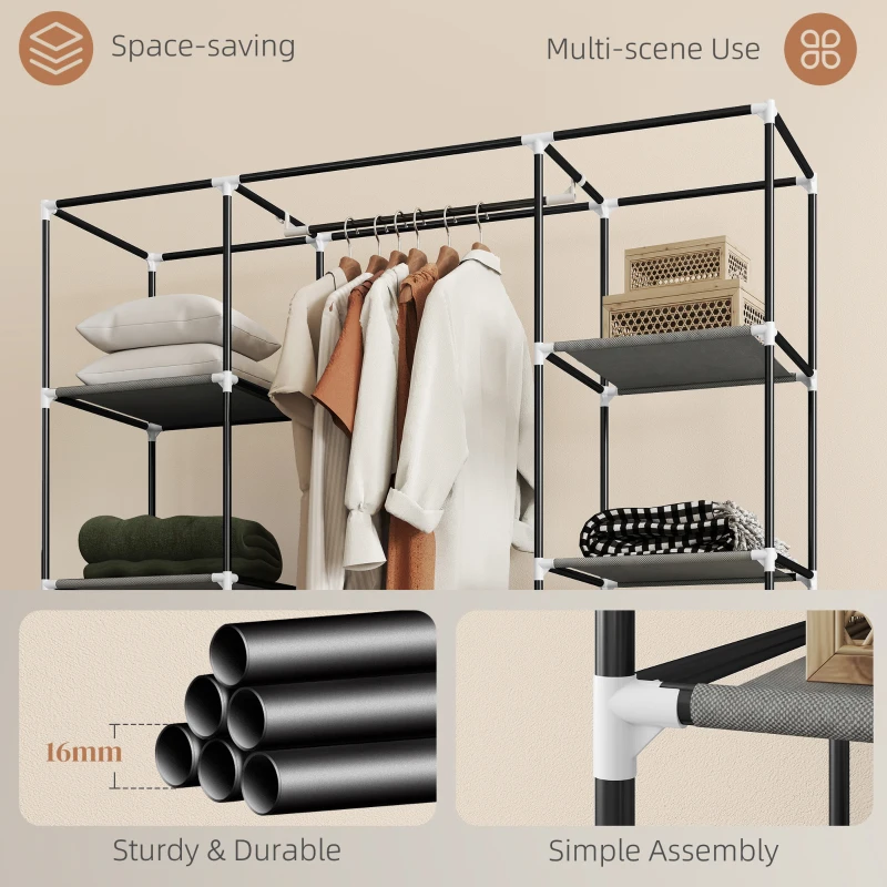 HOMCOM Clothes Storage Organiser with Hanging Rail, Shelves, Portable Wardrobe, Foldable Fabric Wardrobe, Dark Grey