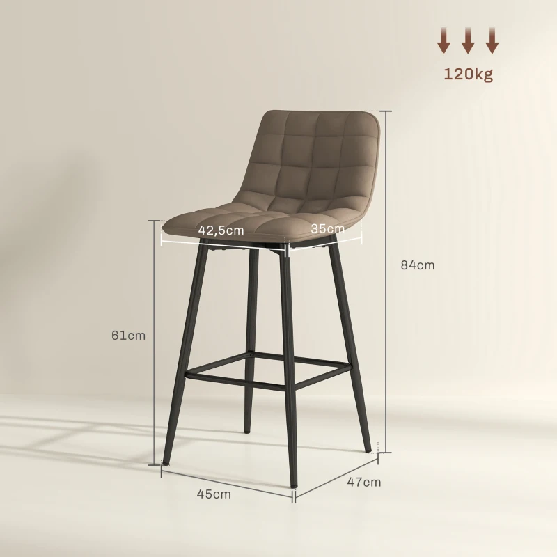 HOMCOM Set 2 Tabourets de Cuisine Style Nordique en Tissu Effet Velours et Métal, 45x47x84 cm, Marron