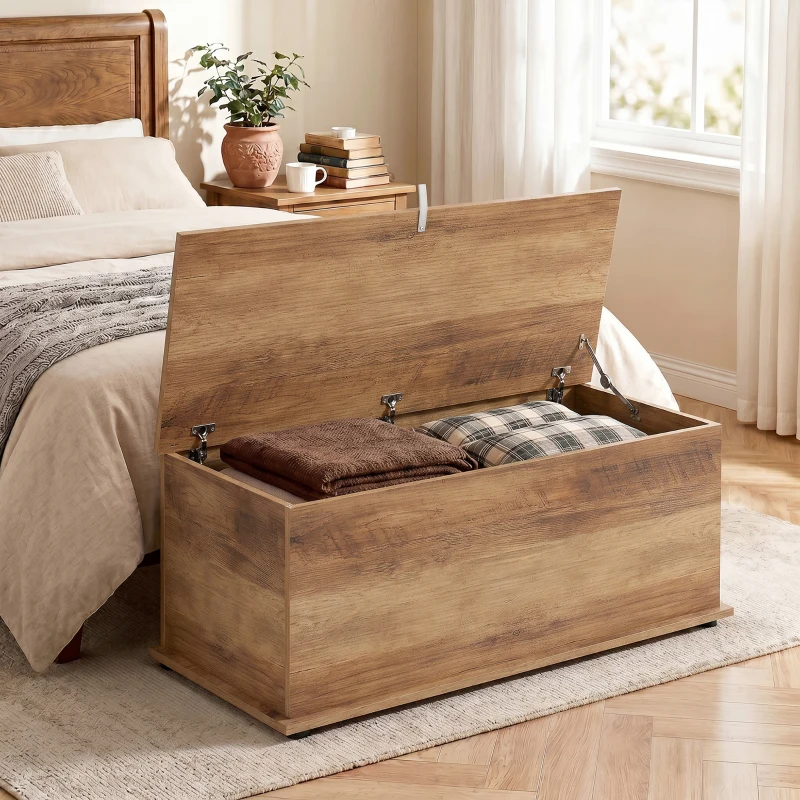 HOMCOM Coffre de rangement, banc de rangement avec couvercle rabattable et charnières de sécurité, 100 x 40 x 40 cm, marron