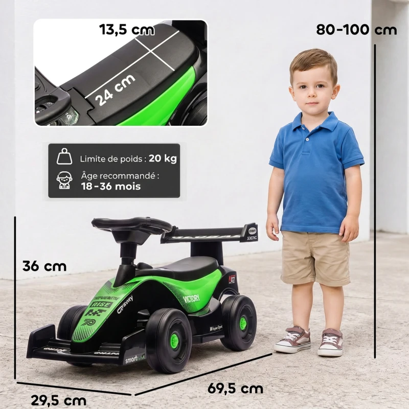 AIYAPLAY Porteur enfants voiture F1, véhicule à pousser avec volant musical, roues silencieuses et coffre, 18-36 mois, vert