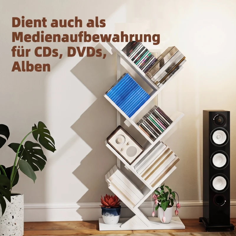 HOMCOM Bücherregal Standregal mit 7 Ebenen Schmal Regal im Baumform für Büro, Rustikal Weiß