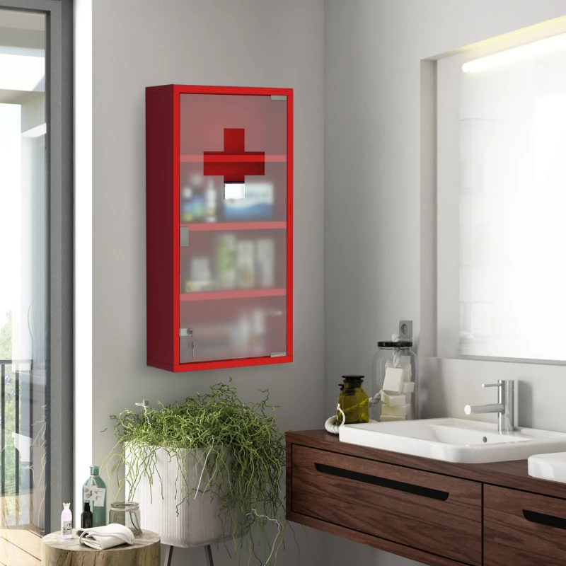 HOMCOM Cassetta Porta Medicine Armadietto Medicinali 4 Livelli Porta in Vetro 60×30×12cm Rosso