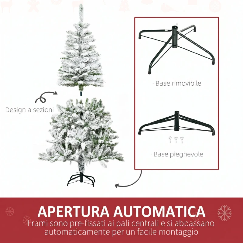 HOMCOM Albero di Natale Innevato Alto 150 cm con 358 Rami Ignifughi e Base in Acciaio, Verde