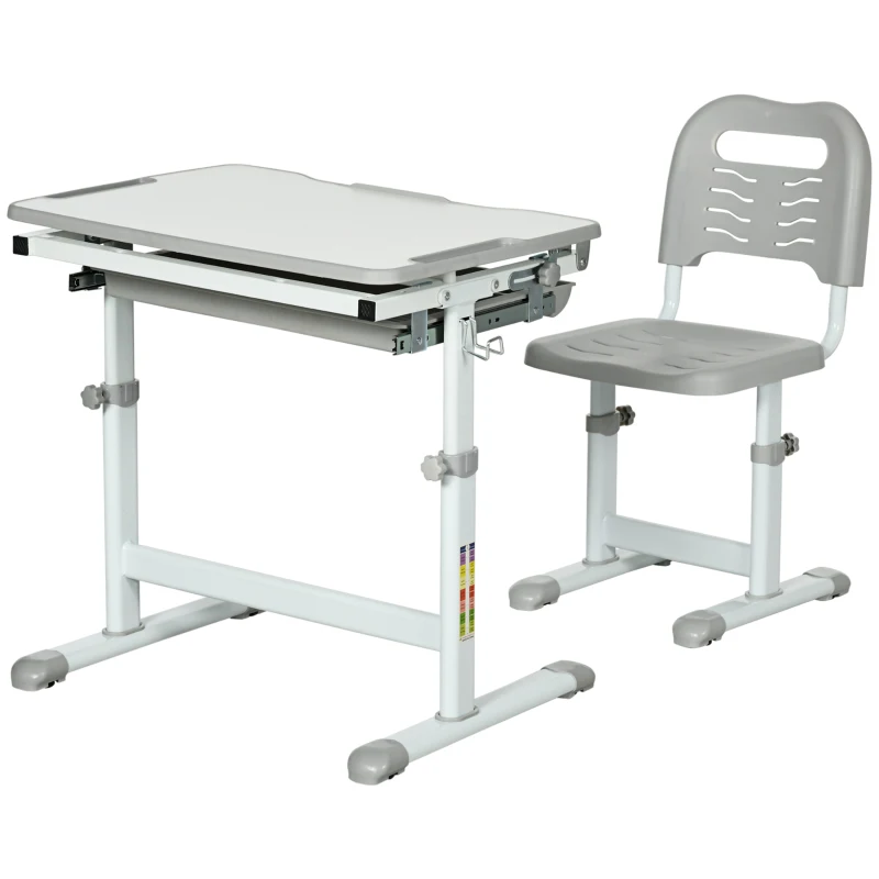 HOMCOM Banco Scuola per Bambini 6-12 Anni con Sedia e Altezza Regolabile, Piano Inclinabile, 66x47x52-77 cm, Grigio