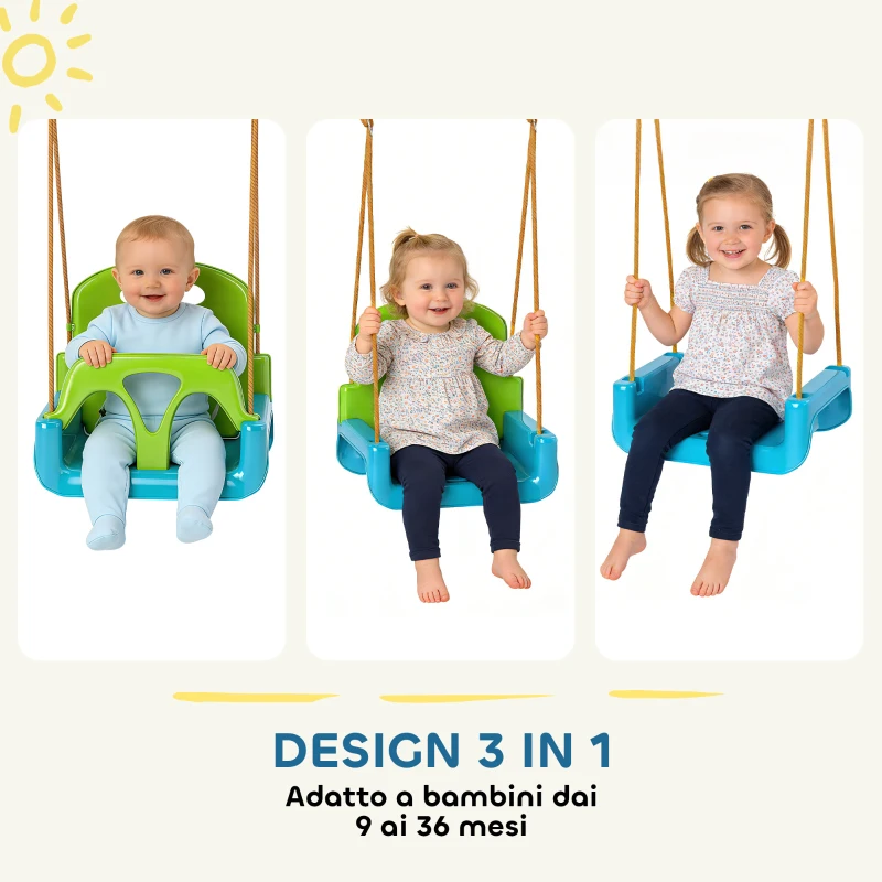 Outsunny Altalena per Bambini Altalena da Giardino 3 in 1 42x33x120-180 cm Verde