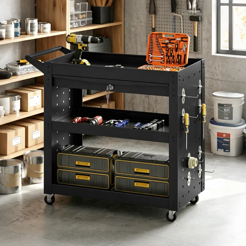 HOMCOM Tool Cart with Lockable Wheels, Rolling Workshop Cart with 3-Tier Trays, Drawer, Pegboards, Black