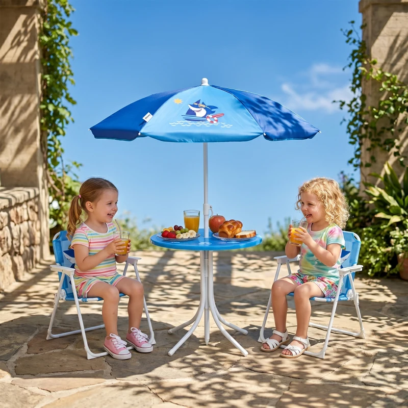 Outsunny Tavolo e Sedie per Bambini da Giardino con Ombrellone Regolabile, Set 4 Pezzi, Età 3-6 Anni, Blu