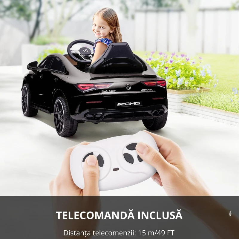 AIYAPLAY Mașină electrică pentru copii Mercedes-benz AMG CLA 45, telecomandă, viteză reglabilă (3-5 km/h), far LED muzică, negru
