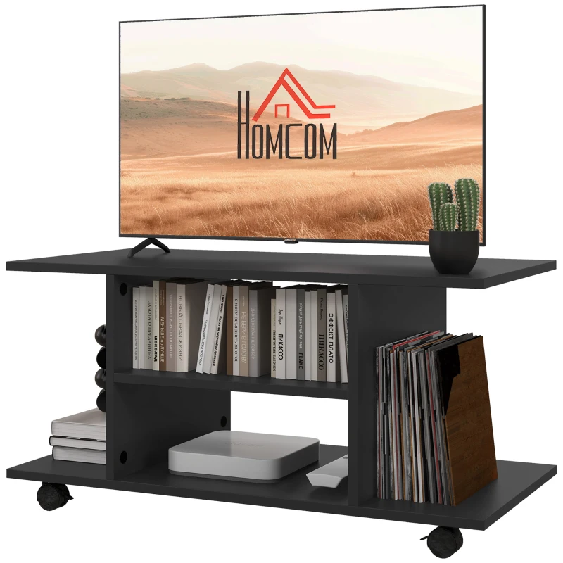 HOMCOM Meuble TV avec Roulettes 80 cm, Meuble Télé pour Téléviseur jusqu'à 42 Pouces avec Étagères Ouvertes, Style Moderne, Banc TV pour Salon, Chambre, Noir