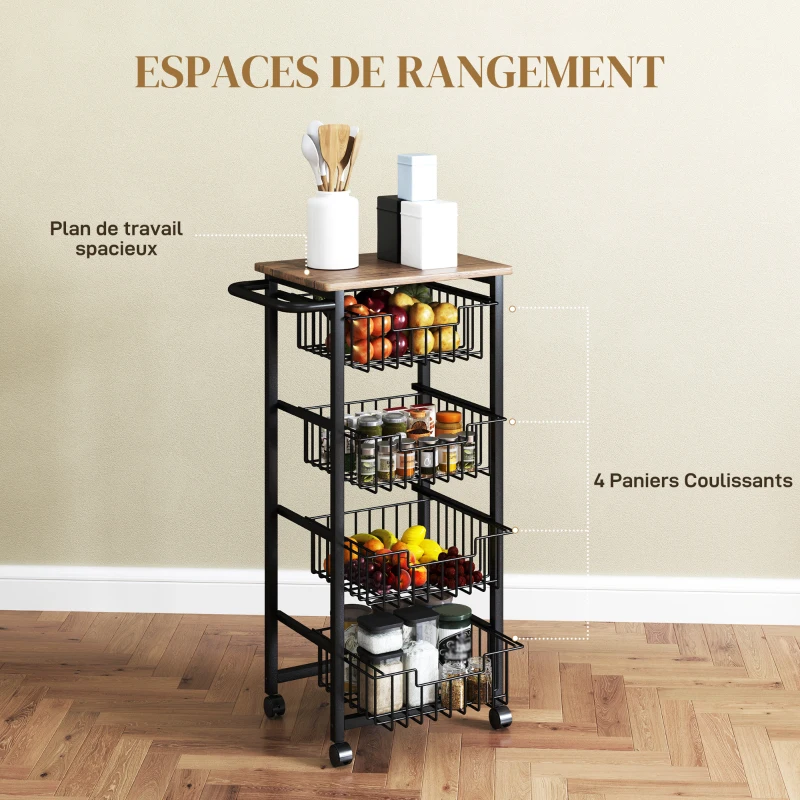 HOMCOM Chariot de rangement à 5 niveaux, desserte à roulettes, 4 paniers coulissants et plateau, 49,5x31x91cm, chêne et noir