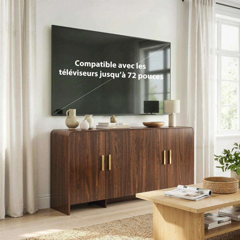 HOMCOM Buffet cuisine, meuble de rangement avec 4 portes à fermeture douce, 4 compartiments et bords arrondis, 152x40x80cm, noyer