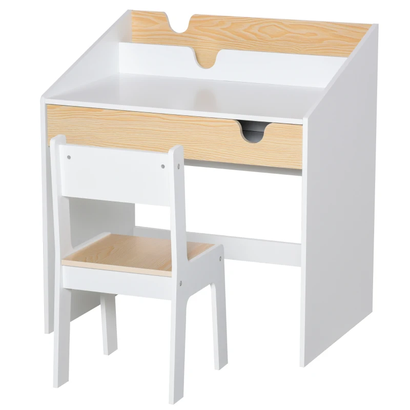 HOMCOM Secretária para Crianças de 3 e 6 Anos Conjunto de Mesa e Cadeira com Gaveta e Prateleira para Livros 70x50x75 cm Branco e Madeira