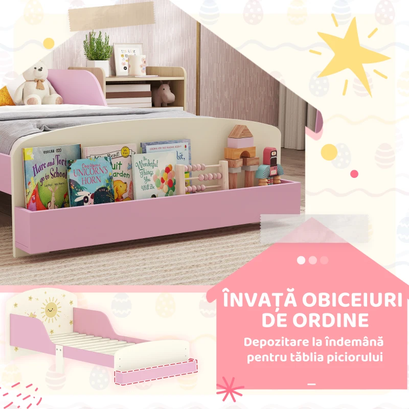AIYAPLAY Pat pentru copii 3-8 ani, jos, din lemn, cu spațiu de depozitare și laterale de protecție, 150x77x60 cm, roz