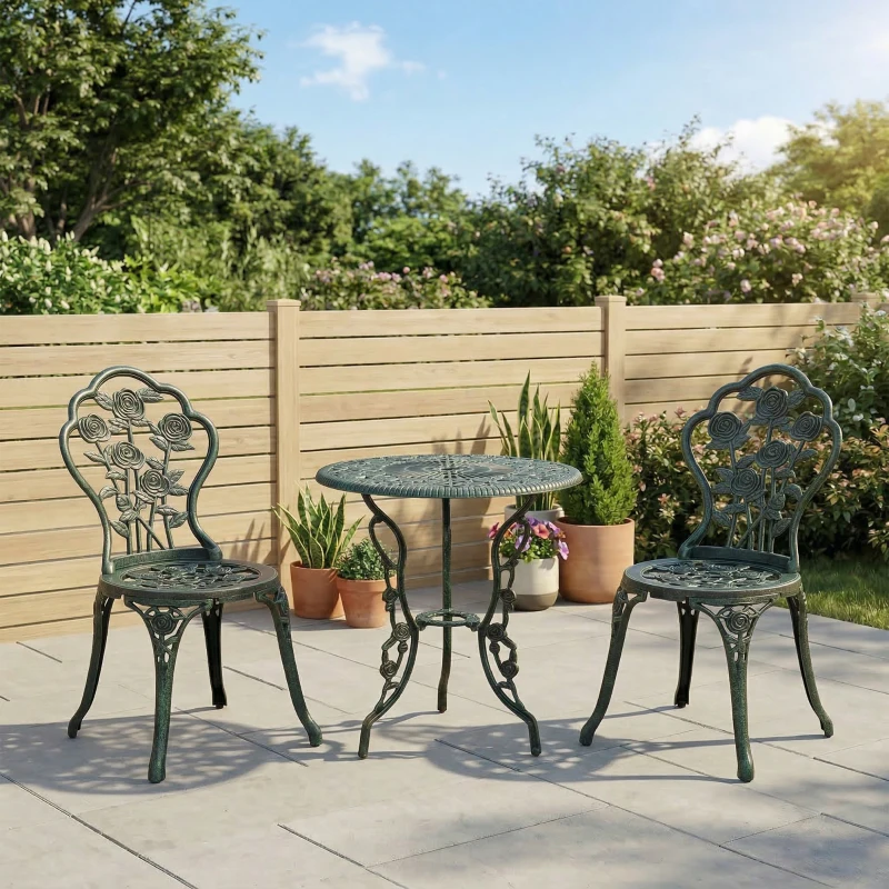 Outsunny Ensemble Salon de Jardin 2 Places 2 chaises + Table Ronde Style néo-rétro Motif Rose Lignes fuselées Fonte