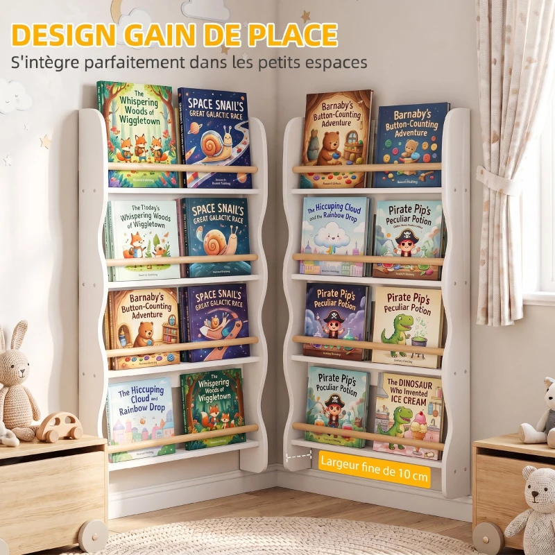 AIYAPLAY Bibliothèque murale pour enfant, rangement livre enfant 4 niveaux, fixer au mur, 60 x 10 x 98 cm, blanc