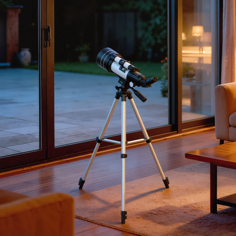 Outsunny Telescópio com  Abertura de 70 mm 30X-300X 300 mm Lente Barlow 3X Nível e Tripé Ajustável 76x76x133 cm Branco e Preto