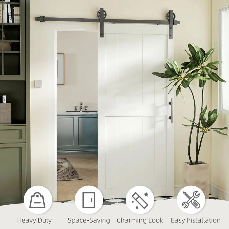 HOMCOM 183cm Sliding Barn Door Kit, Sliding Door with Track, Hardware, Upgraded Rollers and Floor Guide, Handle, White