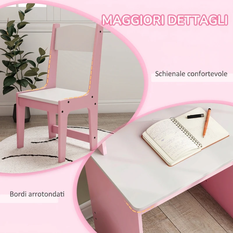 ZONEKIZ Tavolo Scrivania per Bambini 5-8 Anni con Sedia, Scaffale, Mensola Estraibile e Cassetto, Rosa