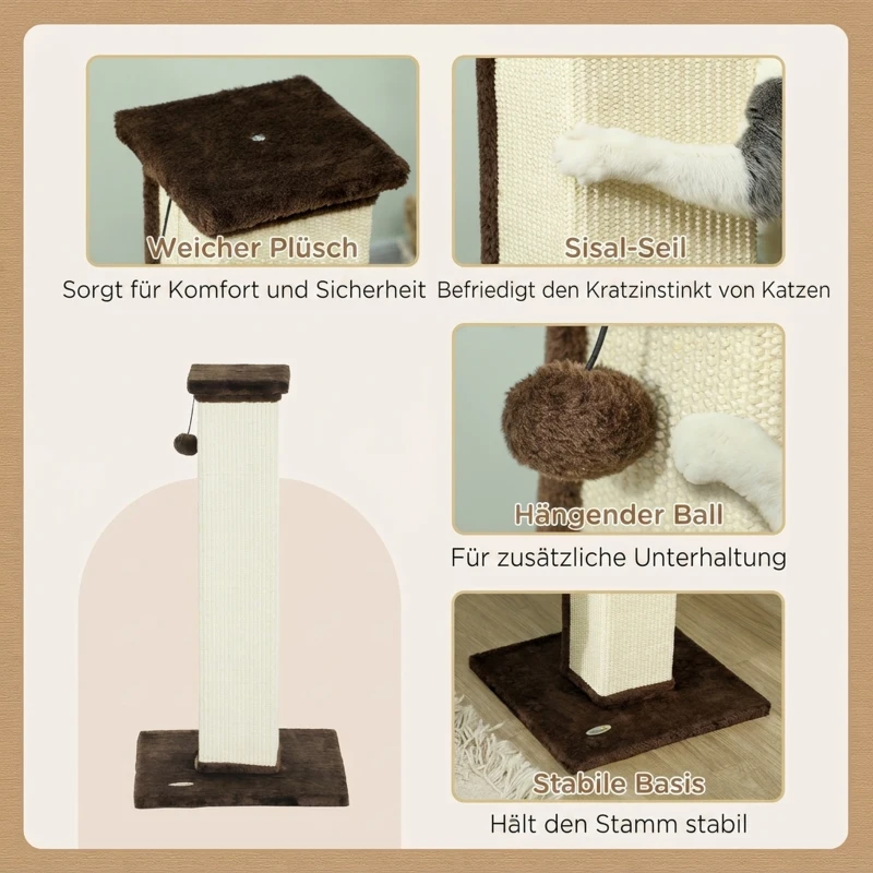 PawHut Krabpaal kattenboom, incl. speelbal, pluche, sisal, 41 x 41 x 81 cm, crème + bruin