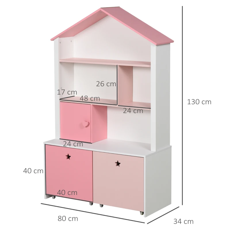 HOMCOM Libreria Scaffale Portagiochi Rosa per Cameretta Bimbi e Ragazzi con 2 Cassetti Estraibili, 80 x 34 x 130 cm