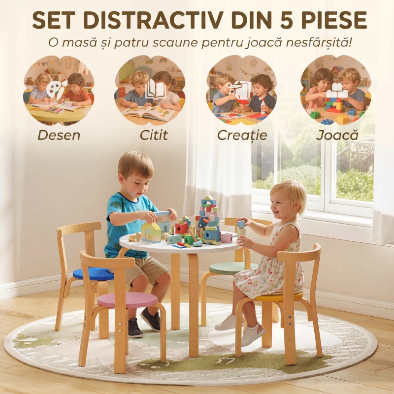 AIYAPLAY Set masă și scaune pentru copii 3-8 ani, 5 piese, cu margini rotunjite, din lemn multicolor