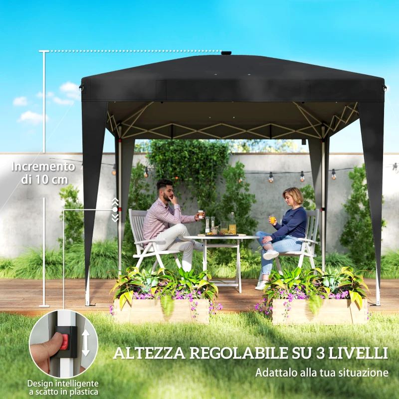 Outsunny Gazebo 3x3 m Pieghevole ad Altezza Regolabile con Luce Centrale e Telecomando, in Metallo e Poliestere, Nero