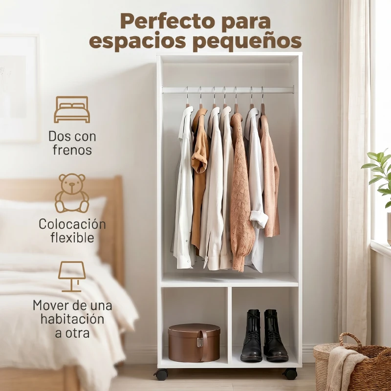 HOMCOM Armario Abierto con Ruedas Barra y Estantes para tener Ropa Colgada y Doblada 60x40x128 cm Blanco
