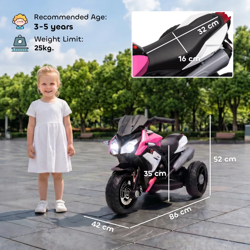 HOMCOM Kids Electric Motorcycle, 6V Ride on Motorcycle with 3 Wheels, LED Headlight, Music, Horn for Boys Girls 3-5 Y, Pink