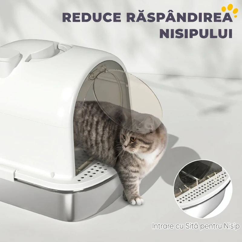PawHut Litieră închisă pentru pisici L din oțel inoxidabil, cu mâner, lopățică și plic deodorant, anti-risipire, albă