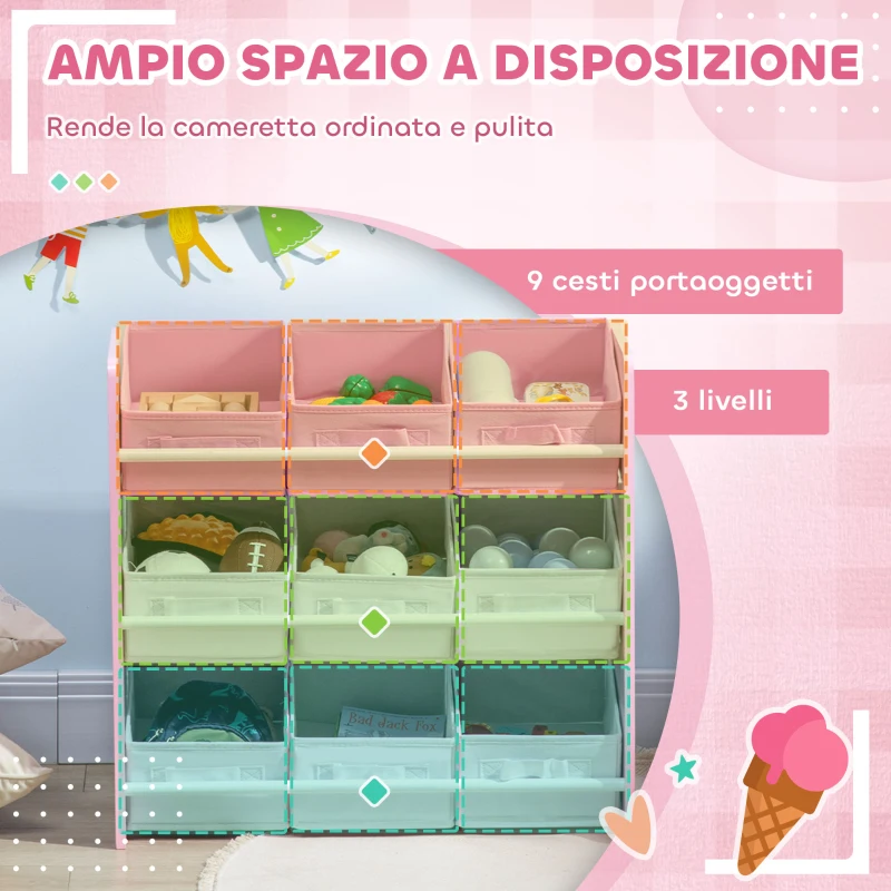 ZONEKIZ Mobiletto Portagiochi con 9 Cestini Rimovibili in Legno e Tessuto, 63x30x60 cm, Rosa e Bianco