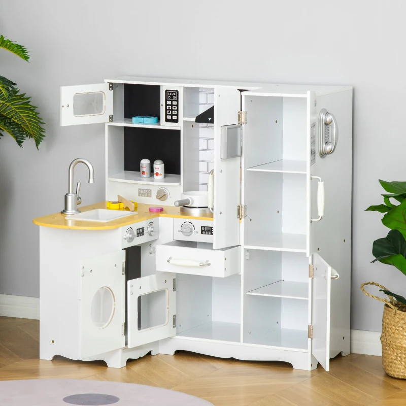 HOMCOM Cuisine pour Enfant 3-6 ans Jeu d'imitation Nombreux Accessoires rangements évier, robinet, four, micro-ondes, hotte, téléphone et réfrigérateur Blanc
