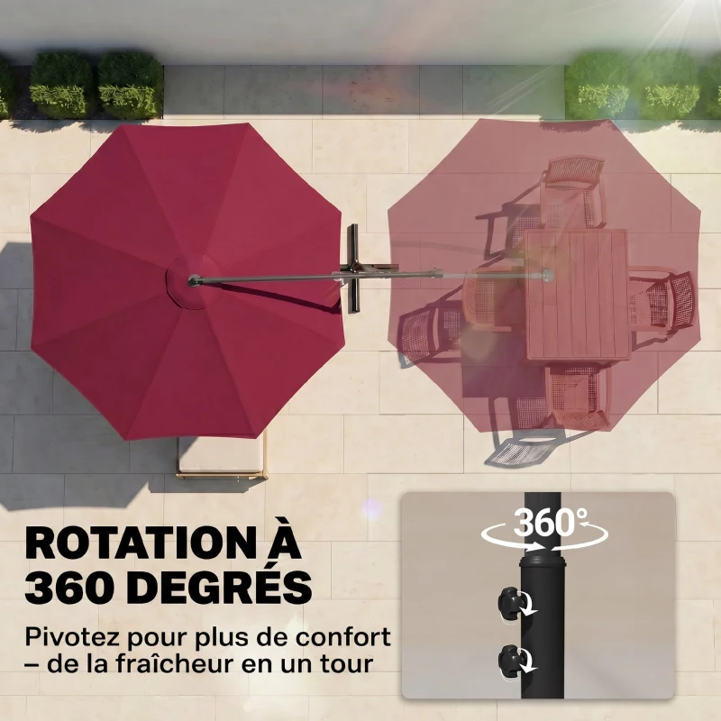 Outsunny Parasol déporté octogonal à manivelle inclinable manivelle avec Pied en Acier diamètre 3 m Rouge
