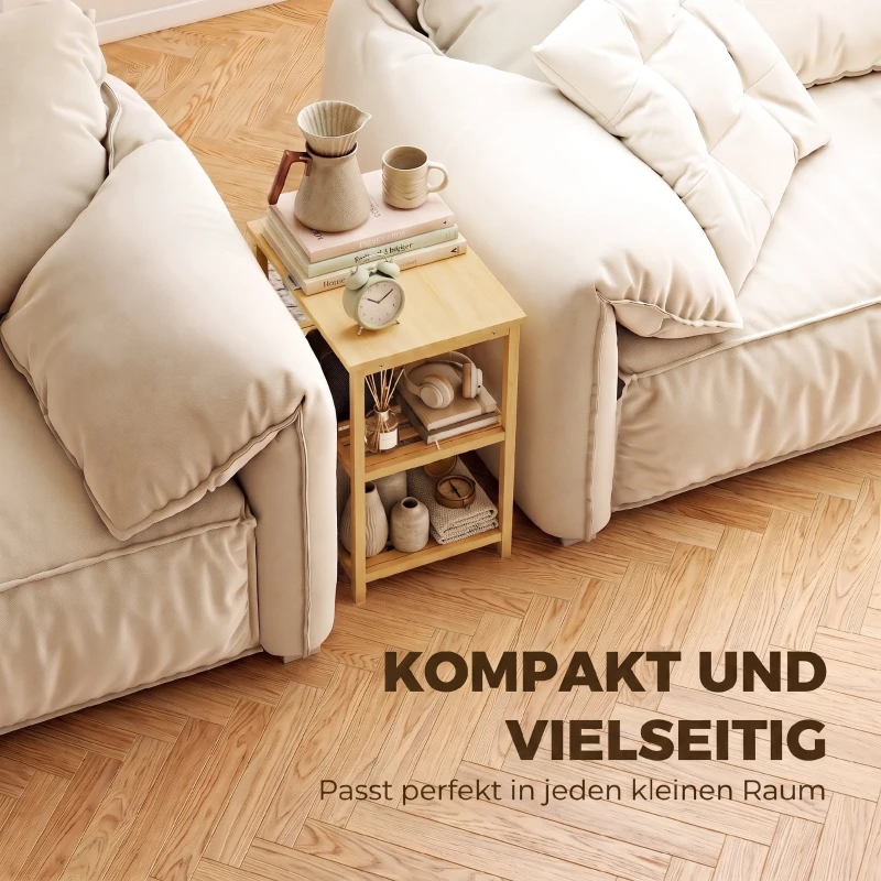 HOMCOM Stolik boczny z bambusa, 3 poziomy z lamelowymi półkami, do małych pomieszczeń, salonu i sypialni, naturalny