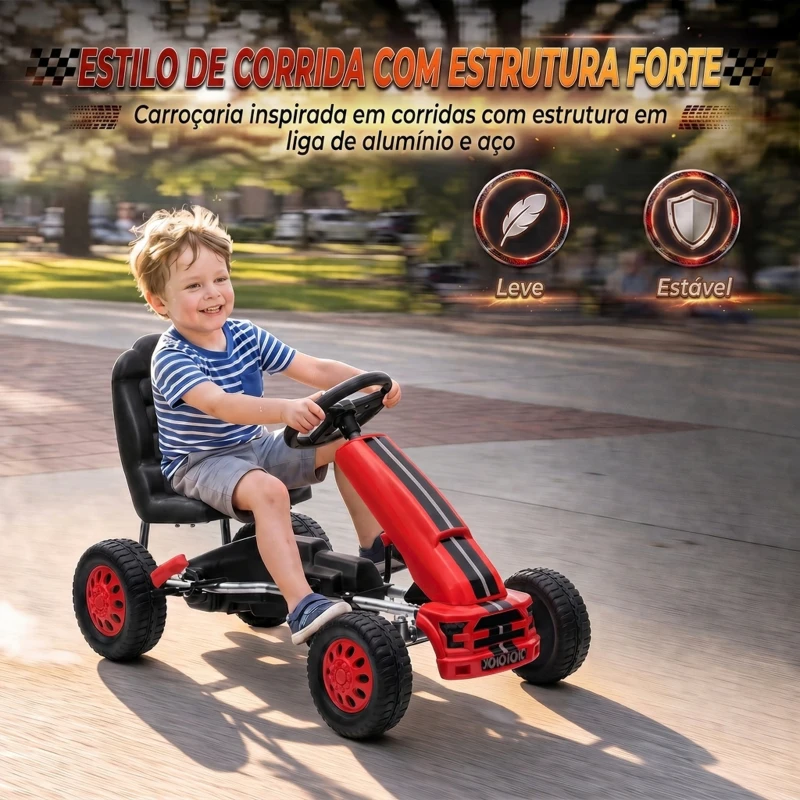 AIYAPLAY Go-Kart para Crianças +3 Anos com Assento Ajustável, Volante, Travão de Mão, Estrutura em Alumínio e Aço, até 30 kg, Vermelho