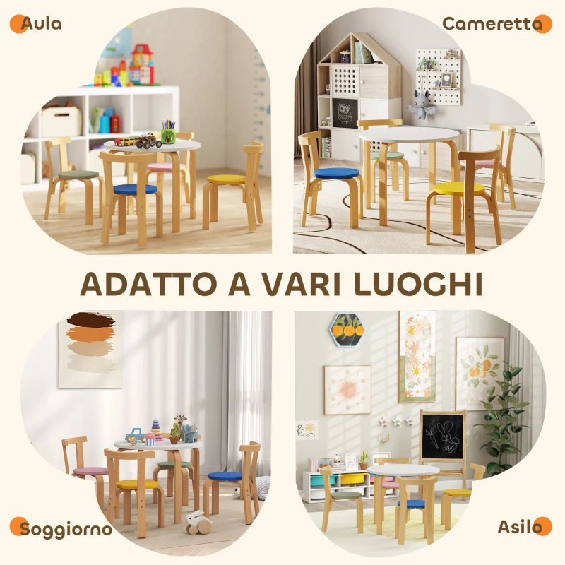 AIYAPLAY Set Tavolo e Sedie per Bambini 3-8 Anni 5 pz con Bordi Arrotondati in Legno Multicolore