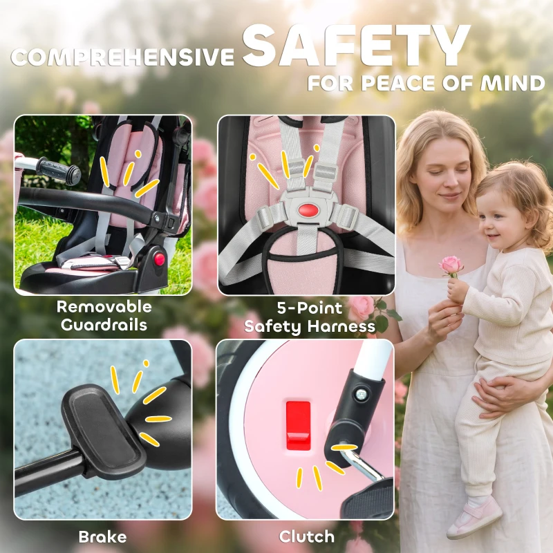 AIYAPLAY 6 in 1 Foldable Kids Trike with Adjustable Parent Handle & Canopy for Ages 1-5, Pink