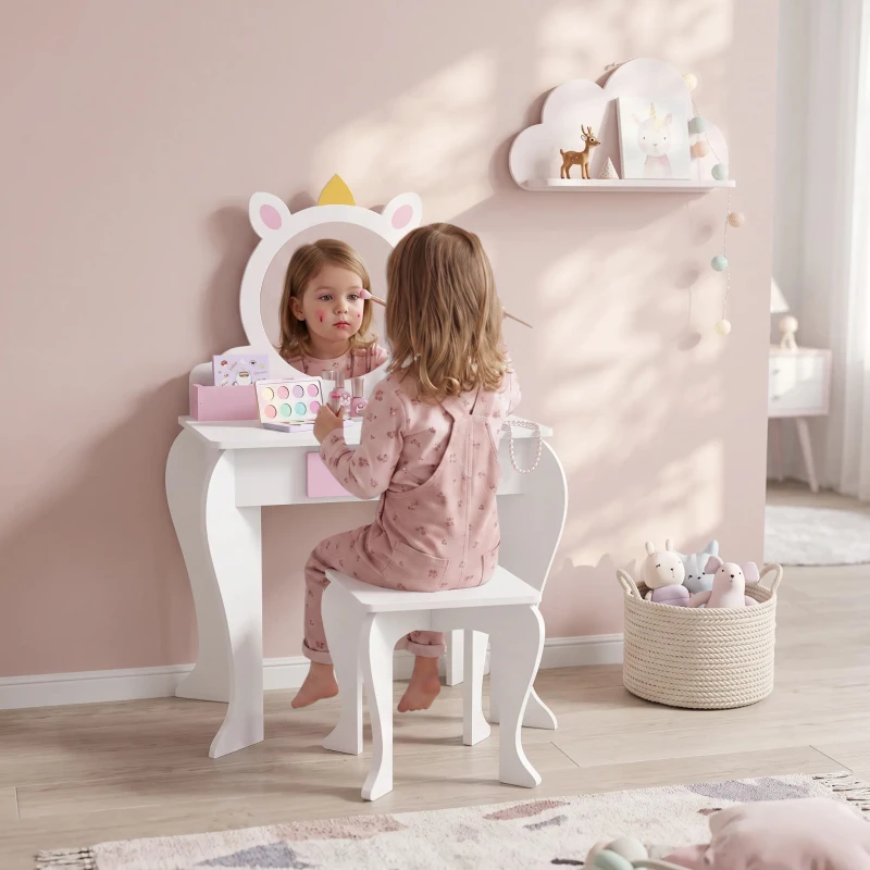 ZONEKIZ Toucador Infantil com Banco e Espelho Toucador de Maquilhagem com Gaveta Compartimentos Desenho de Unicórnio Branco