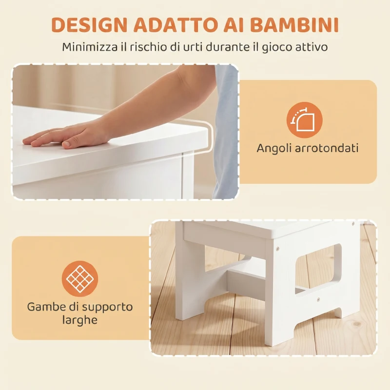 AIYAPLAY Set Tavolo e Sedia per Bambini 3-6 Anni in Legno con Piano Reversibile, Angoli Arrotondati, Bianco
