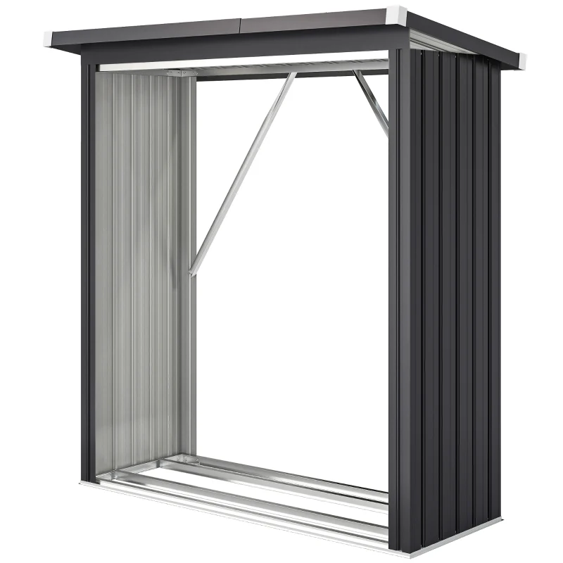 Outsunny Abri-bûches couvert support pour bois de chauffage plancher surélevé toit incliné, acier galvanisé 150x66,5x150cm gris