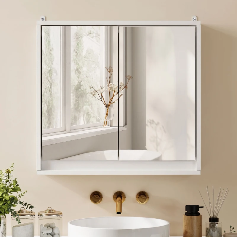 HOMCOM Armoire Murale Miroir Salle de Bain 2 étagères dim. 48L x 14l x 45H cm Panneaux Particules MDF Blanc