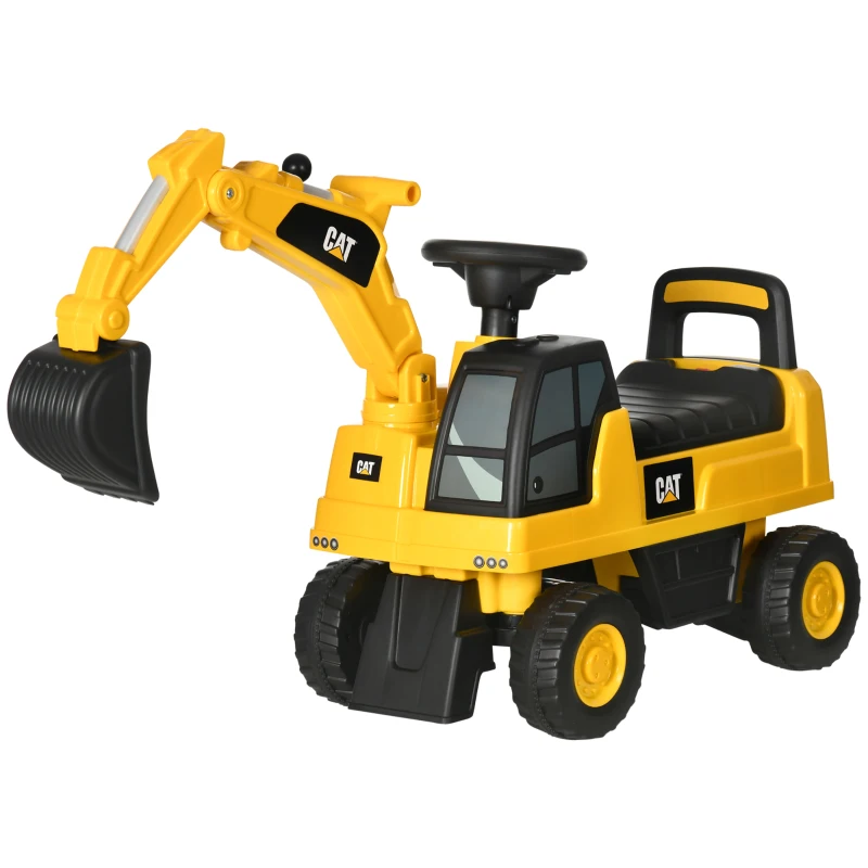 HOMCOM Tractopelle enfant sous licence CAT, porteur enfant, pelle manuelle, klaxon et rangement caché, 85x27,5x47,5cm, jaune