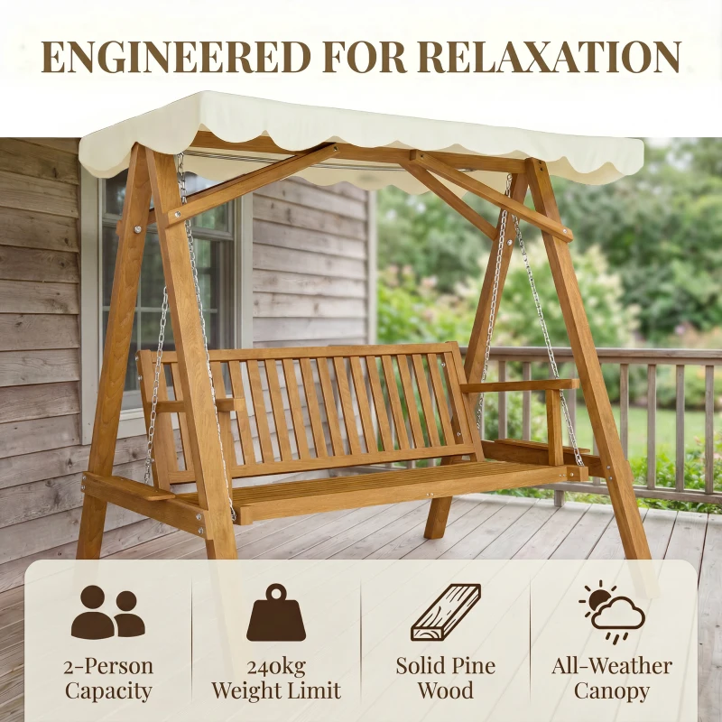 Outsunny 2 Seater Garden Swing Seat with Canopy, Wooden Swing Chair, Outdoor Hammock Bench for Balcony Patio Porch, Cream White