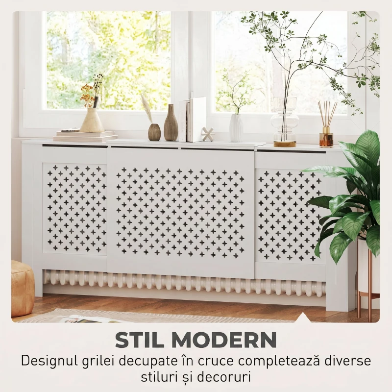 HOMCOM Mască pentru Calorifer cu Grilaj Încrucișat și Lungime Reglabilă, 136-200 x 21,5 x 91,7 cm, Alb