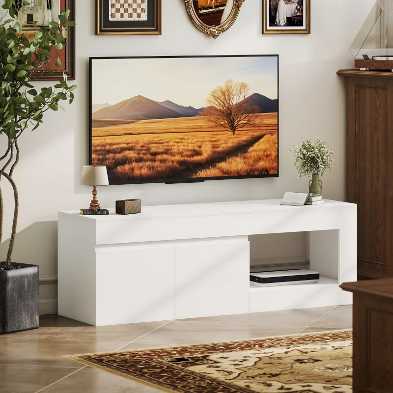 HOMCOM Lowboard TV modern pentru living cu 2 uși, compartiment deschis și mânere, pentru televizoare de până la 152,4 cm, 140 x 40 x 48 cm, Alb